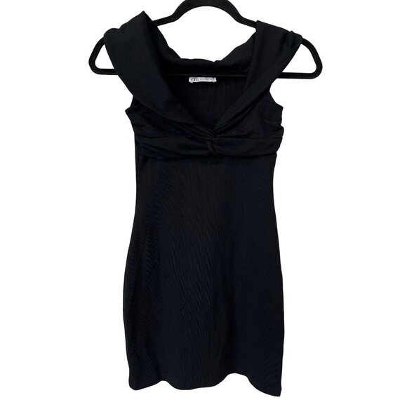 Zara Mini Dress Size Small Knot Front Black Stretch Cotton Blend Revenge Dress - Picture 4 of 11